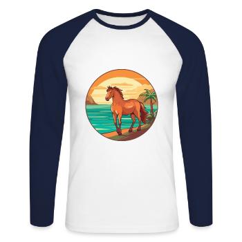 Cheval Aquarelle Dessin Animé Kawaii Clipart Animal - T-shirt baseball manches longues Homme - blanc/marine - Devant - Nik (191cm)
