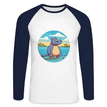 Nilpferd Aquarell Cartoon Kawaii Clipart Tier - Unisex Baseballshirt langarm - Weiß/Navy - Vorne - Nik (191cm)