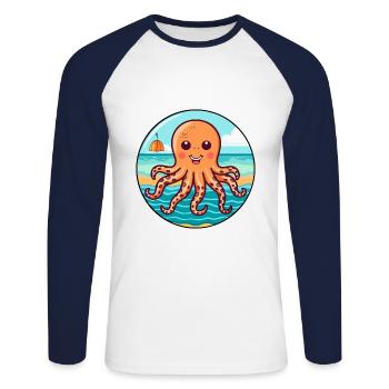 Octopus Watercolor Cartoon Kawaii Clipart Animal - Unisex Long Sleeve Baseball T-Shirt - white/navy - Front - Nik (191cm)