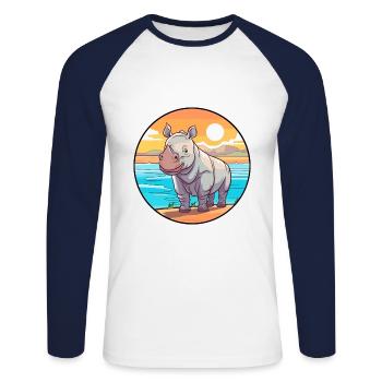 Rhino Watercolor Cartoon Kawaii Clipart Animal - Unisex Long Sleeve Baseball T-Shirt - white/navy - Front - Nik (191cm)