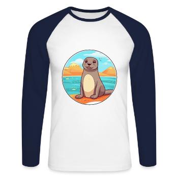 Siegel Aquarell Cartoon Kawaii Clipart Tier - Unisex Baseballshirt langarm - Weiß/Navy - Vorne - Nik (191cm)