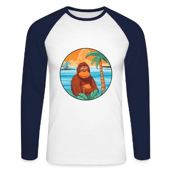 Orang-outan aquarelle dessin animé Kawaii Clipart Animal - T-shirt baseball manches longues Homme - blanc/marine - Devant - Nik (191cm)