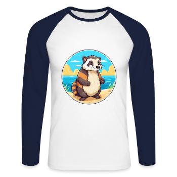 Blaireau Aquarelle Dessin Animé Kawaii Clipart Animal - T-shirt baseball manches longues Homme - blanc/marine - Devant - Nik (191cm)