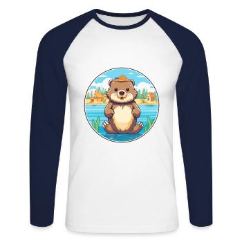 Beaver Watercolor Cartoon Kawaii Clipart Animal - Unisex Long Sleeve Baseball T-Shirt - white/navy - Front - Nik (191cm)