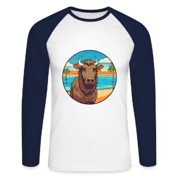 Buffalo Watercolor Cartoon Kawaii Clipart Animal - Unisex Long Sleeve Baseball T-Shirt - white/navy - Front - Nik (191cm)