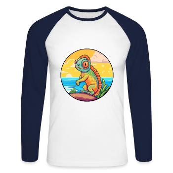 Caméléon aquarelle dessin animé Kawaii Clipart Animal - T-shirt baseball manches longues Homme - blanc/marine - Devant - Nik (191cm)
