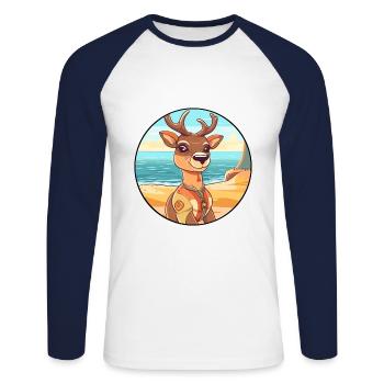 Cerf aquarelle dessin animé Kawaii Clipart Animal - T-shirt baseball manches longues Homme - blanc/marine - Devant - Nik (191cm)