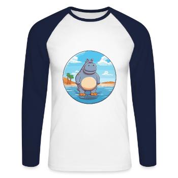 Hippo Watercolor Cartoon Kawaii Clipart Animal - Unisex Long Sleeve Baseball T-Shirt - white/navy - Front - Nik (191cm)