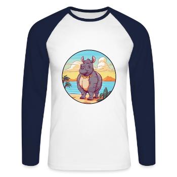 Rhino Watercolor Cartoon Kawaii Clipart Animal - Unisex Long Sleeve Baseball T-Shirt - white/navy - Front - Nik (191cm)