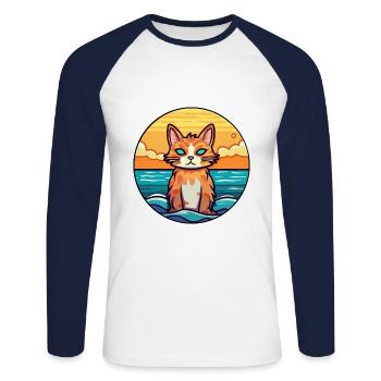 Chat aquarelle dessin animé Kawaii Clipart Animal - T-shirt baseball manches longues Homme - blanc/marine - Devant - Nik (191cm)