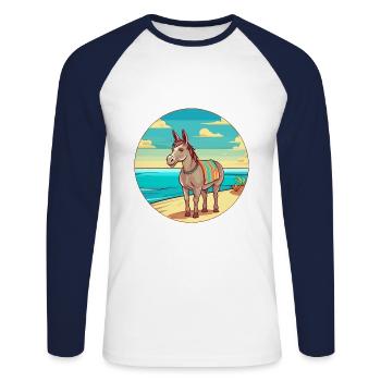 Âne aquarelle dessin animé Kawaii Clipart Animal - T-shirt baseball manches longues Homme - blanc/marine - Devant - Nik (191cm)