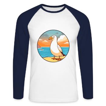 Mouette aquarelle dessin animé Kawaii Clipart Animal - T-shirt baseball manches longues Homme - blanc/marine - Devant - Nik (191cm)