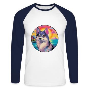 Alaskan Klee Kai Chien Race Coloré Dessin Animé Waterc - T-shirt baseball manches longues Homme - blanc/marine - Devant - Nik (191cm)