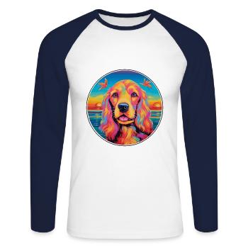 American Cocker Spaniel Chien Race Coloré Dessin Animé - T-shirt baseball manches longues Homme - blanc/marine - Devant - Nik (191cm)