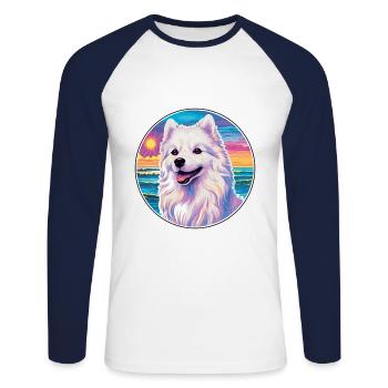 American Eskimo Dog Breed Colorful Cartoon Waterco - Unisex Long Sleeve Baseball T-Shirt - white/navy - Front - Nik (191cm)