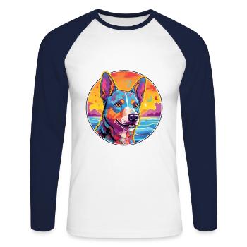 Race de chien de bétail australien Coloré Cartoon Eau - T-shirt baseball manches longues Homme - blanc/marine - Devant - Nik (191cm)