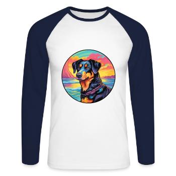 Beauceron chien race coloré dessin animé aquarelle - T-shirt baseball manches longues Homme - blanc/marine - Devant - Nik (191cm)