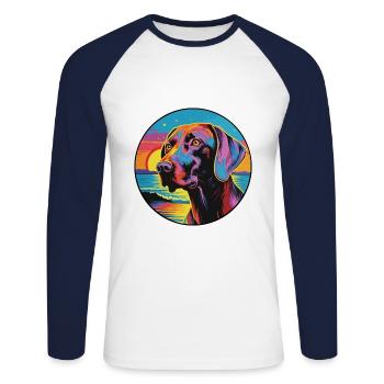 Chien d’arrêt belge de race Dessin animé coloré Waterco - T-shirt baseball manches longues Homme - blanc/marine - Devant - Nik (191cm)