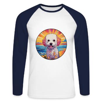 Bichon Frise chien race coloré dessin animé aquarelle - T-shirt baseball manches longues Homme - blanc/marine - Devant - Nik (191cm)
