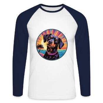Noir Tan chien race coloré dessin animé aquarelle - T-shirt baseball manches longues Homme - blanc/marine - Devant - Nik (191cm)