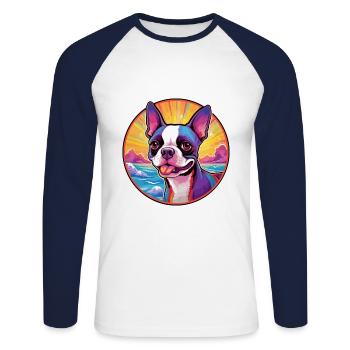 Boston Terrier Hunderasse Bunte Karikatur Watercol - Unisex Baseballshirt langarm - Weiß/Navy - Vorne - Nik (191cm)
