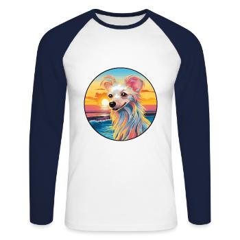 Chien chinois à crête race coloré dessin animé Waterco - T-shirt baseball manches longues Homme - blanc/marine - Devant - Nik (191cm)