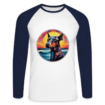 Doberman chien race coloré dessin animé aquarelle - T-shirt baseball manches longues Homme - blanc/marine - Devant - Nik (191cm)