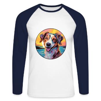Danois Suédois Farmdog Race Chien Coloré Cartoon - T-shirt baseball manches longues Homme - blanc/marine - Devant - Nik (191cm)