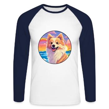 Deutsche Spitz Hunderasse bunte Karikatur Aquarell - Unisex Baseballshirt langarm - Weiß/Navy - Vorne - Nik (191cm)