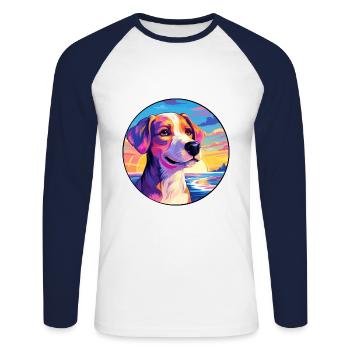 Hokkaido Chien Race Coloré Dessin Animé Aquarelle - T-shirt baseball manches longues Homme - blanc/marine - Devant - Nik (191cm)