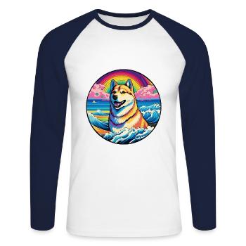 Jindo Dog Breed Colorful Cartoon Watercolor - Unisex Long Sleeve Baseball T-Shirt - white/navy - Front - Nik (191cm)