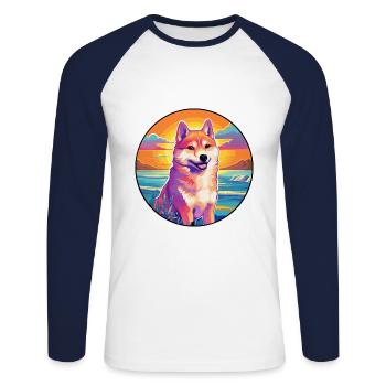 Korean Jindo Dog Breed Colorful Cartoon Watercolor - Unisex Long Sleeve Baseball T-Shirt - white/navy - Front - Nik (191cm)