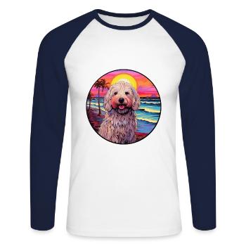 Komondor Dog Breed Aquarelle de dessin animé coloré - T-shirt baseball manches longues Homme - blanc/marine - Devant - Nik (191cm)