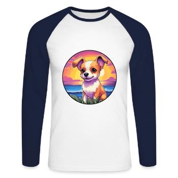 Lundehund chien race coloré dessin animé aquarelle - T-shirt baseball manches longues Homme - blanc/marine - Devant - Nik (191cm)