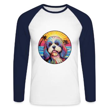 Lhassa Apso chien race coloré dessin animé aquarelle - T-shirt baseball manches longues Homme - blanc/marine - Devant - Nik (191cm)