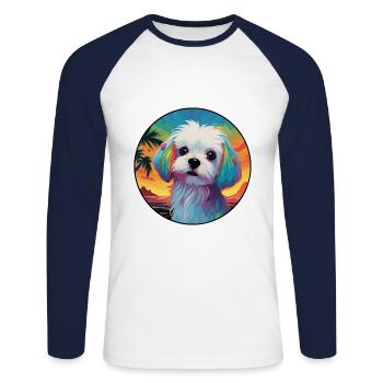 Chien maltais race coloré dessin animé aquarelle - T-shirt baseball manches longues Homme - blanc/marine - Devant - Nik (191cm)