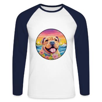 Miniature Shar Pei Dog Breed Colorful Cartoon Wate - Unisex Long Sleeve Baseball T-Shirt - white/navy - Front - Nik (191cm)