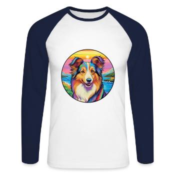 Sheltie Dog Breed Colorful Cartoon Watercolor - Unisex Long Sleeve Baseball T-Shirt - white/navy - Front - Nik (191cm)