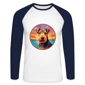 Welsh Terrier Chien Race Coloré Cartoon Watercolo - T-shirt baseball manches longues Homme - blanc/marine - Devant - Nik (191cm)