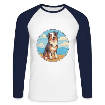 Berger australien race de chien de dessin animé Kawaii - T-shirt baseball manches longues Homme - blanc/marine - Devant - Nik (191cm)