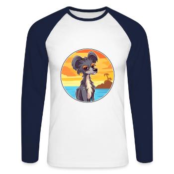 Chinois à crête chien race Cartoon Kawaii Clipart - T-shirt baseball manches longues Homme - blanc/marine - Devant - Nik (191cm)