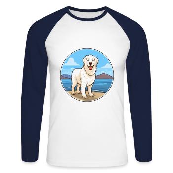 Kuvasz chien race dessin animé Kawaii Clipart aquarelle - T-shirt baseball manches longues Homme - blanc/marine - Devant - Nik (191cm)