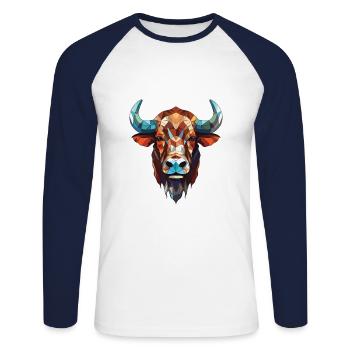 Buffalo Colorful Watercolor Animal Illustration - Unisex Long Sleeve Baseball T-Shirt - white/navy - Front - Nik (191cm)