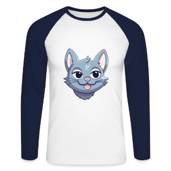 Illustration d’aquarelle de bande dessinée de chat bleu russe - T-shirt baseball manches longues Homme - blanc/marine - Devant - Nik (191cm)