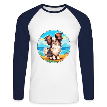 Papillon chien race dessin animé kawaii clipart chien animal de compagnie - T-shirt baseball manches longues Homme - blanc/marine - Devant - Nik (191cm)