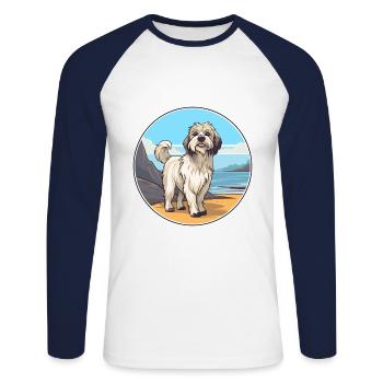 Berger des Pyrénées chien race Cartoon Kawaii Clipart - T-shirt baseball manches longues Homme - blanc/marine - Devant - Nik (191cm)
