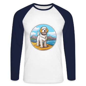 Chien de berger des Pyrénées chien race Cartoon Kawaii Clipart - T-shirt baseball manches longues Homme - blanc/marine - Devant - Nik (191cm)
