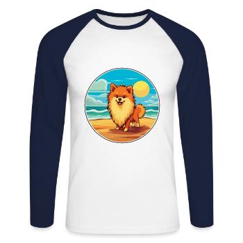 Spitz chien race dessin animé Kawaii Clipart aquarelle - T-shirt baseball manches longues Homme - blanc/marine - Devant - Nik (191cm)