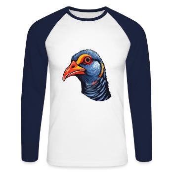 Pintade colorée aquarelle dessin animé Kawaii Ani - T-shirt baseball manches longues Homme - blanc/marine - Devant - Nik (191cm)