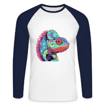 Chameleon Colorful Watercolor Cartoon Kawaii Anima - Unisex Long Sleeve Baseball T-Shirt - white/navy - Front - Nik (191cm)
